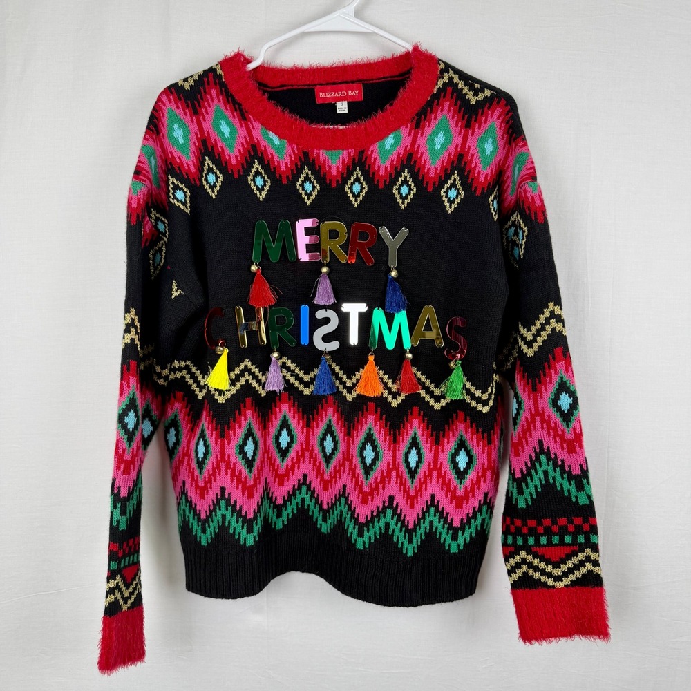 Blizzard Bay Merry Christmas Tassel Sweater Fair Isle Black Pink Small